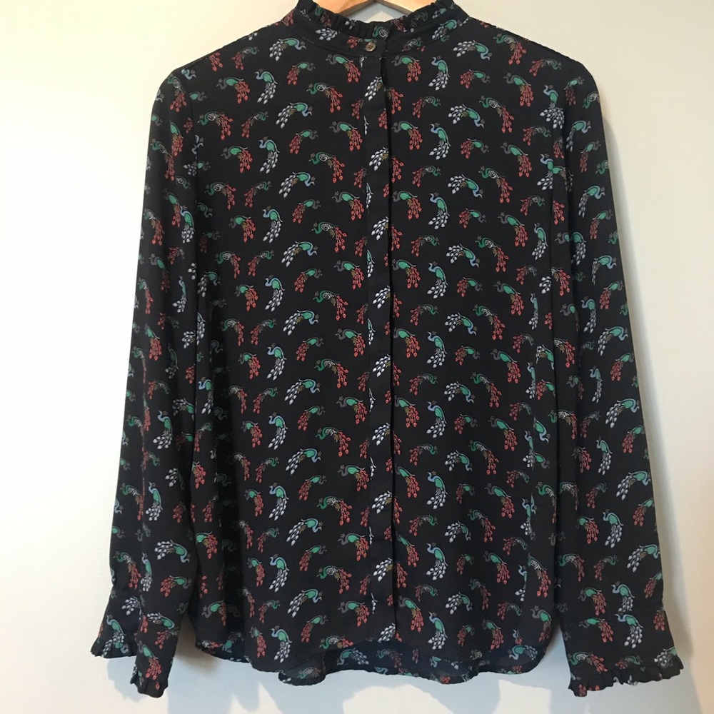 LOFT | Peacock Print Ruffle Mock Neck Blouse